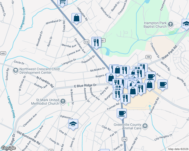 map of restaurants, bars, coffee shops, grocery stores, and more near 315 Rogers Avenue in Greenville