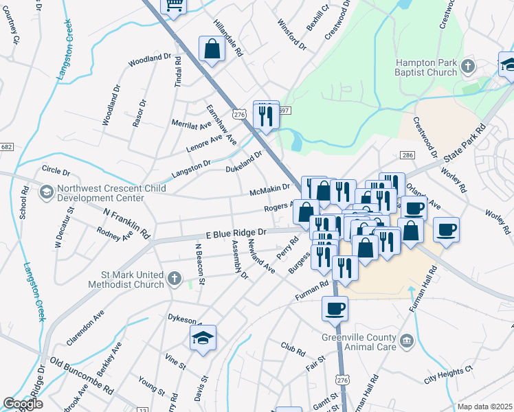 map of restaurants, bars, coffee shops, grocery stores, and more near 315 Rogers Avenue in Greenville