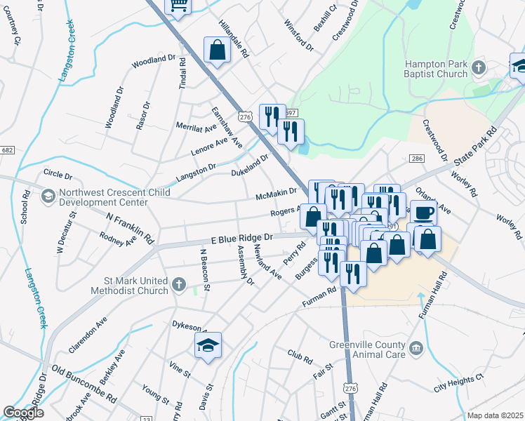 map of restaurants, bars, coffee shops, grocery stores, and more near 315 Rogers Avenue in Greenville