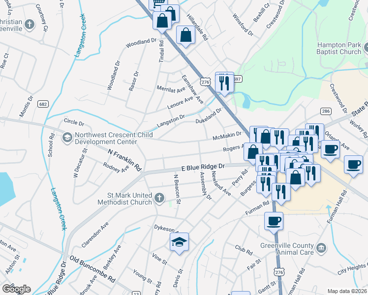 map of restaurants, bars, coffee shops, grocery stores, and more near 227 Rogers Avenue in Greenville