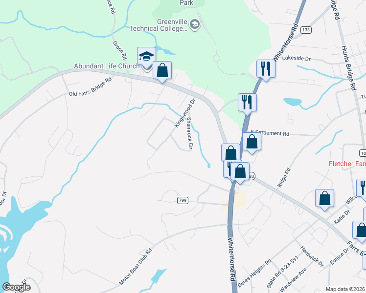 map of restaurants, bars, coffee shops, grocery stores, and more near 32 Shamrock Circle in Greenville