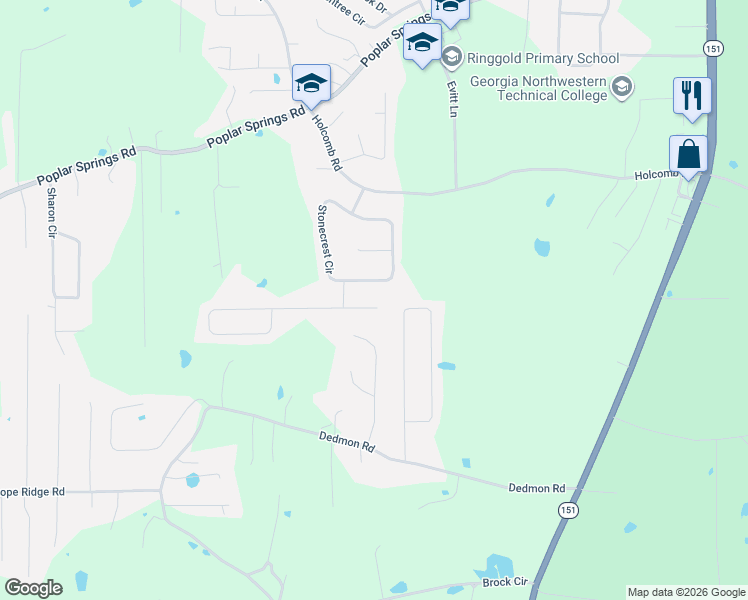 map of restaurants, bars, coffee shops, grocery stores, and more near 46 Pebblestone Drive in Ringgold