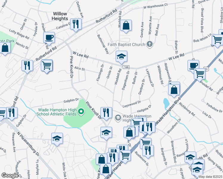 map of restaurants, bars, coffee shops, grocery stores, and more near 2 Flamingo Drive in Greenville