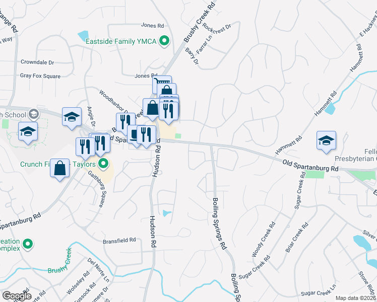 map of restaurants, bars, coffee shops, grocery stores, and more near 1200 Halcyon Circle in Greer