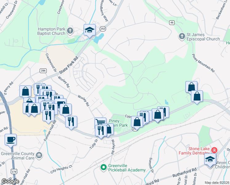 map of restaurants, bars, coffee shops, grocery stores, and more near 9999 Thrift Street in Greenville