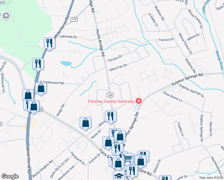 map of restaurants, bars, coffee shops, grocery stores, and more near 212 Hunts Bridge Road in Greenville