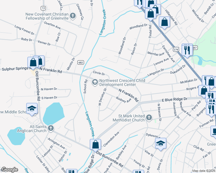 map of restaurants, bars, coffee shops, grocery stores, and more near 4 West Decatur Street in Greenville