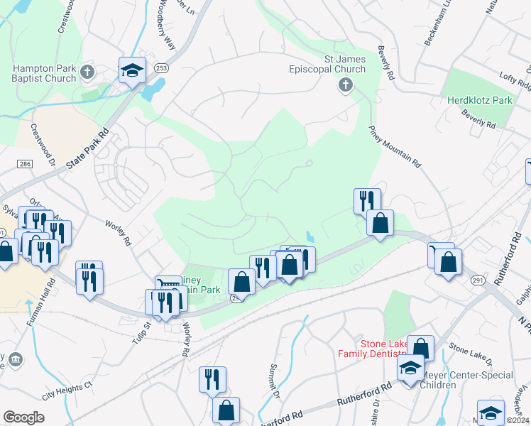 map of restaurants, bars, coffee shops, grocery stores, and more near 705 Montebello Drive in Greenville