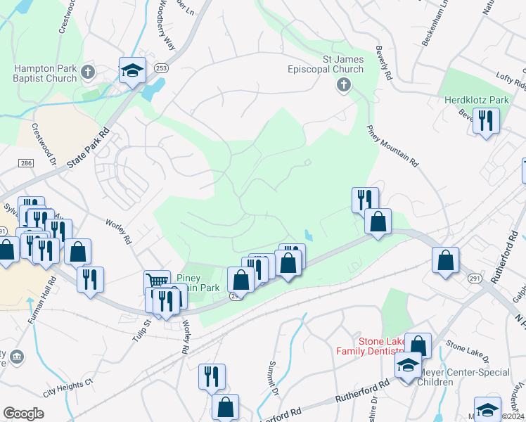 map of restaurants, bars, coffee shops, grocery stores, and more near 705 Montebello Drive in Greenville