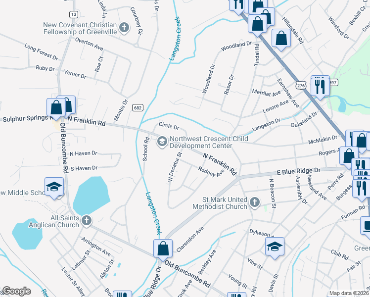 map of restaurants, bars, coffee shops, grocery stores, and more near 4 West Decatur Street in Greenville