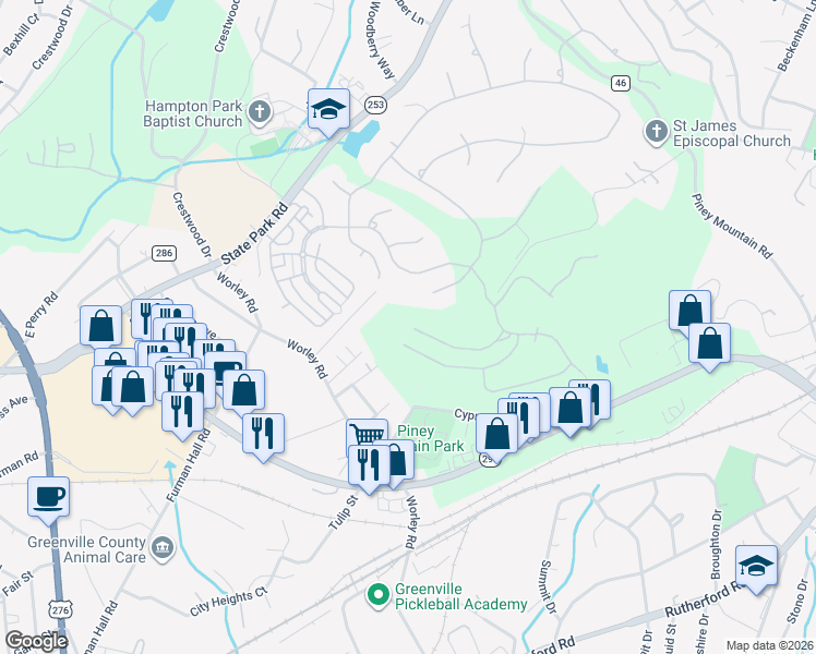 map of restaurants, bars, coffee shops, grocery stores, and more near 9999 Thrift Street in Greenville