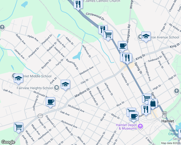 map of restaurants, bars, coffee shops, grocery stores, and more near 300 Clay Street in Hamlet