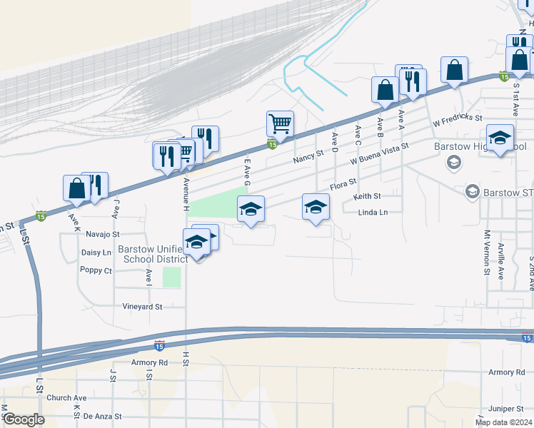 map of restaurants, bars, coffee shops, grocery stores, and more near 1280 Flora Street in Barstow