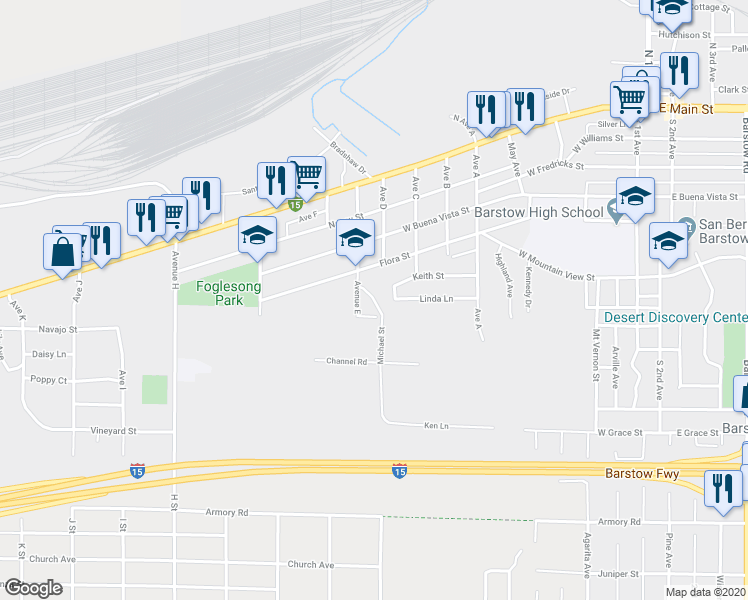 map of restaurants, bars, coffee shops, grocery stores, and more near 3812 Michael Street in Barstow