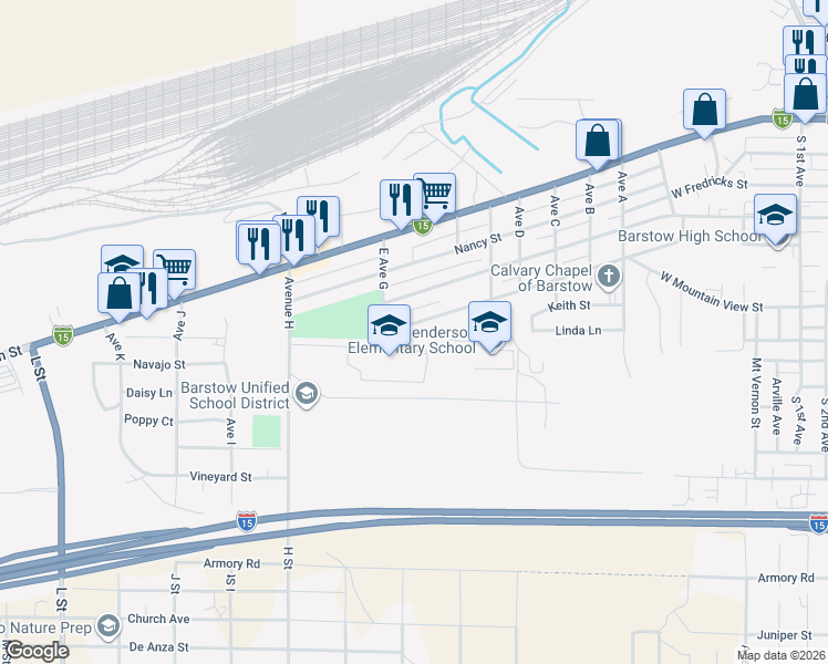 map of restaurants, bars, coffee shops, grocery stores, and more near 1280 Flora Street in Barstow