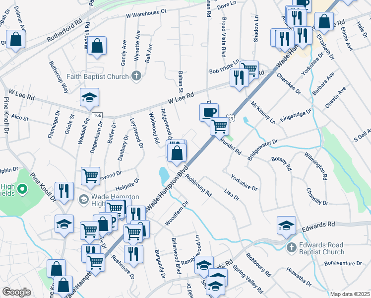 map of restaurants, bars, coffee shops, grocery stores, and more near 2405 Wade Hampton Boulevard in Greenville