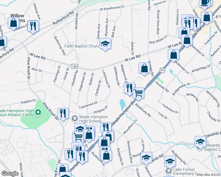 map of restaurants, bars, coffee shops, grocery stores, and more near 409 Leyswood Drive in Greenville