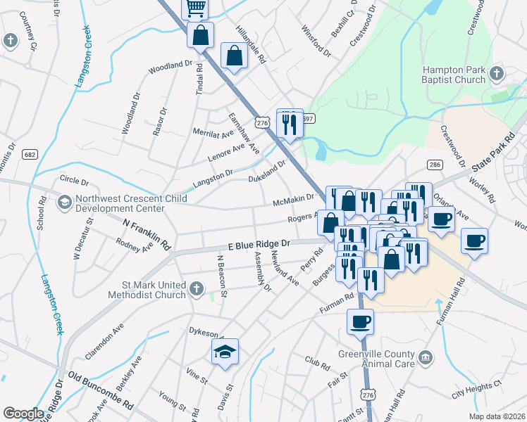 map of restaurants, bars, coffee shops, grocery stores, and more near 301 Rogers Avenue in Greenville