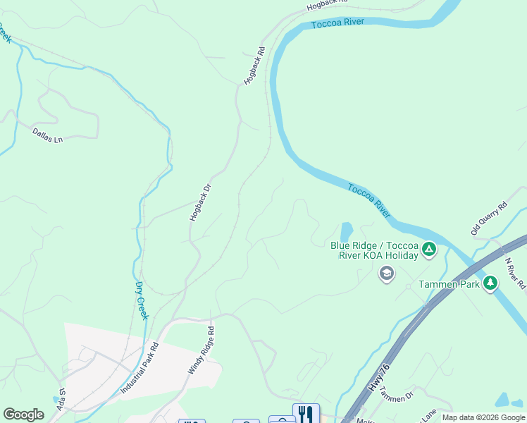 map of restaurants, bars, coffee shops, grocery stores, and more near River Way in Fannin County