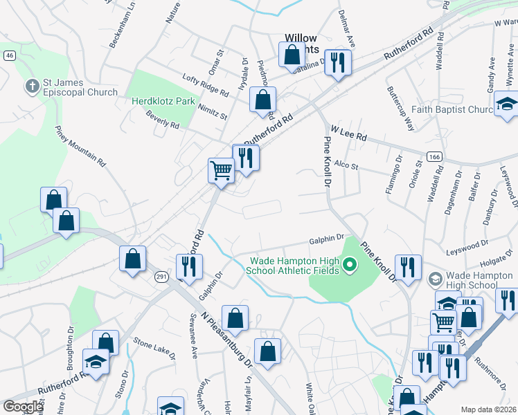 map of restaurants, bars, coffee shops, grocery stores, and more near 3640 North Acres Drive in Greenville