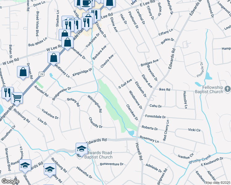 map of restaurants, bars, coffee shops, grocery stores, and more near 506 Cherokee Drive in Greenville