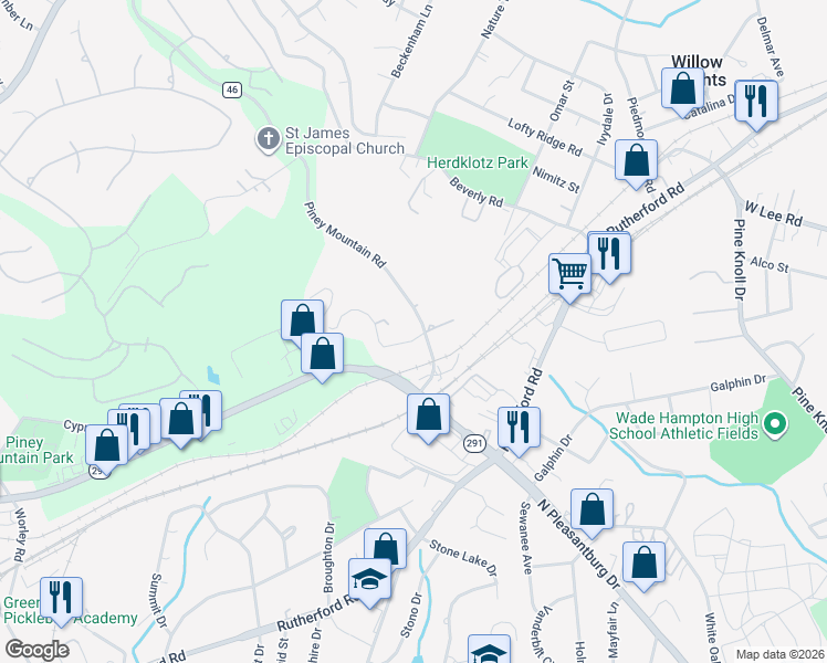 map of restaurants, bars, coffee shops, grocery stores, and more near 2 Claremont Drive in Greenville