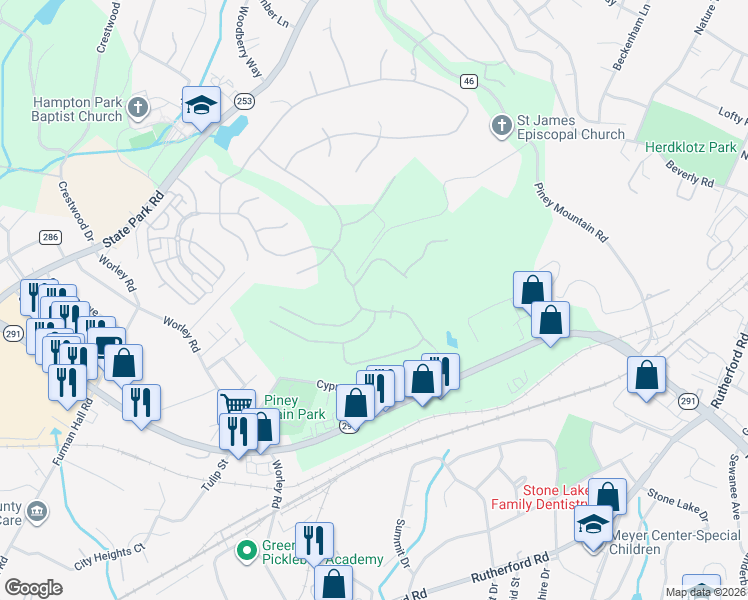 map of restaurants, bars, coffee shops, grocery stores, and more near 611 Montebello Drive in Greenville