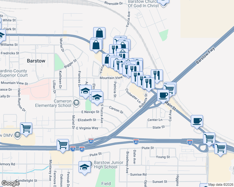 map of restaurants, bars, coffee shops, grocery stores, and more near 751 Patricia Street in Barstow