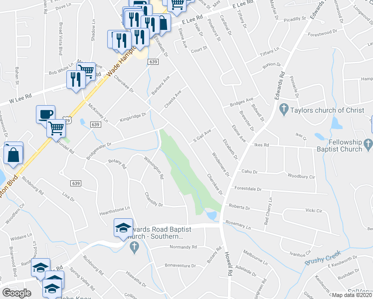 map of restaurants, bars, coffee shops, grocery stores, and more near 506 Cherokee Drive in Greenville