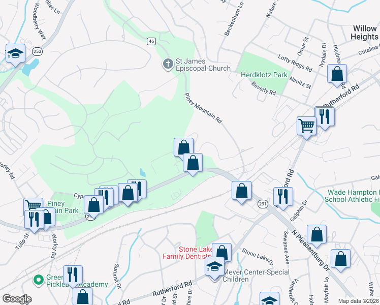 map of restaurants, bars, coffee shops, grocery stores, and more near 2400 North Pleasantburg Drive in Greenville