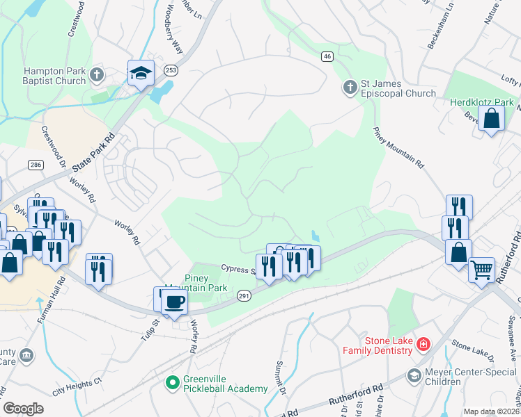 map of restaurants, bars, coffee shops, grocery stores, and more near 611 Montebello Drive in Greenville