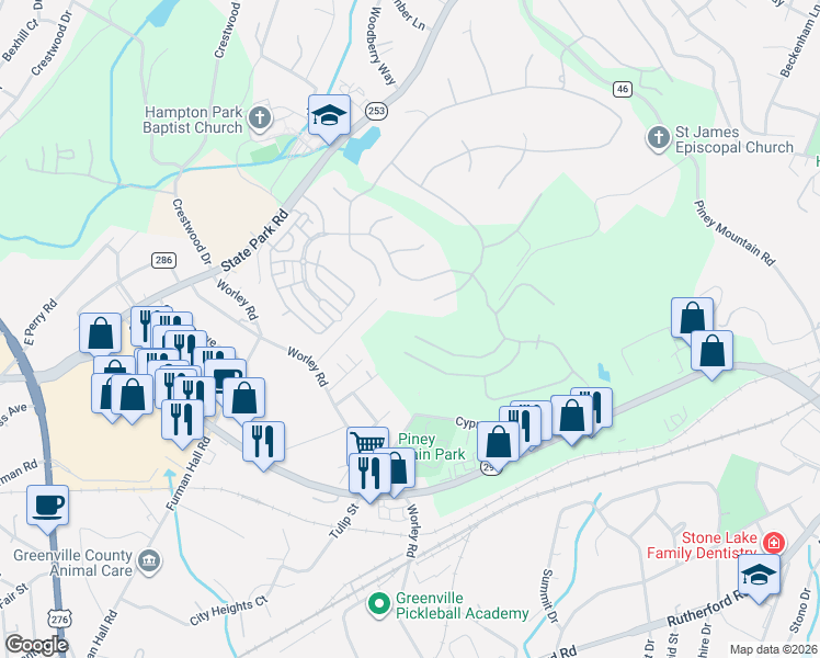 map of restaurants, bars, coffee shops, grocery stores, and more near 9999 Thrift Street in Greenville
