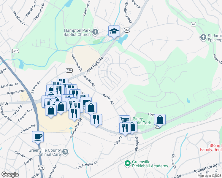 map of restaurants, bars, coffee shops, grocery stores, and more near 115 Worley Road in Greenville