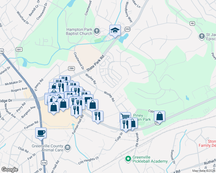map of restaurants, bars, coffee shops, grocery stores, and more near 115 Worley Road in Greenville