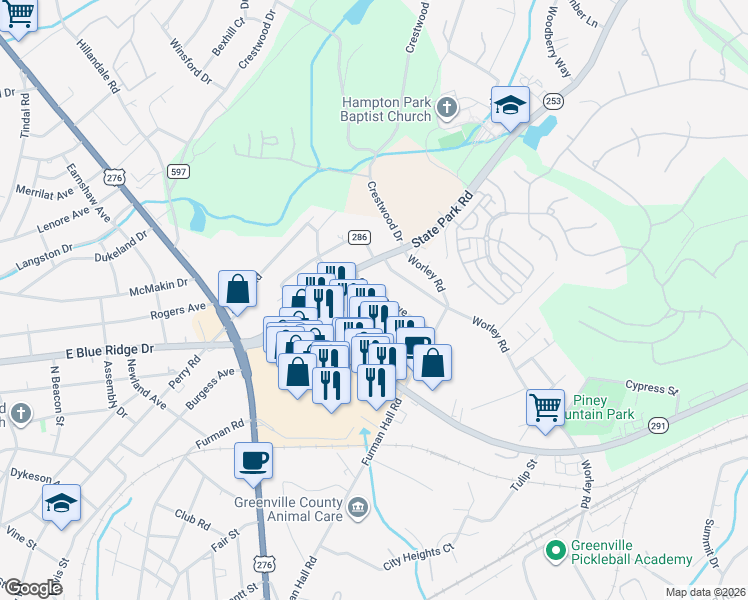 map of restaurants, bars, coffee shops, grocery stores, and more near in Greenville