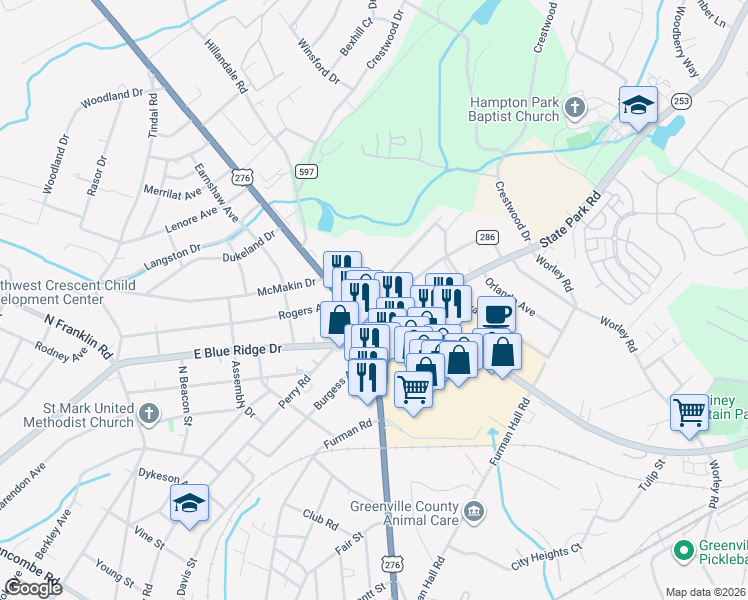 map of restaurants, bars, coffee shops, grocery stores, and more near 113 State Park Road in Greenville