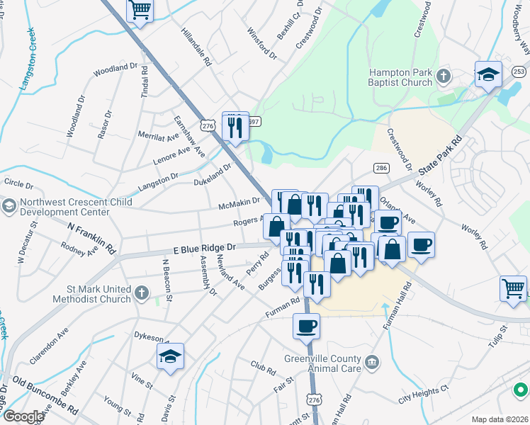 map of restaurants, bars, coffee shops, grocery stores, and more near 406 Rogers Avenue in Greenville