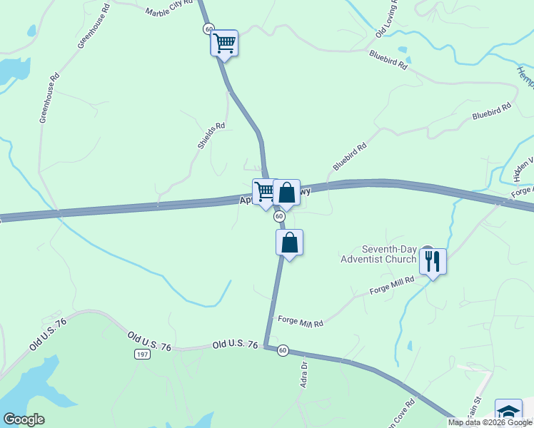 map of restaurants, bars, coffee shops, grocery stores, and more near 90 Free Lane in Mineral Bluff