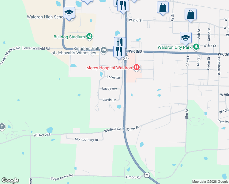 map of restaurants, bars, coffee shops, grocery stores, and more near 1649 Country Elite Drive in Waldron
