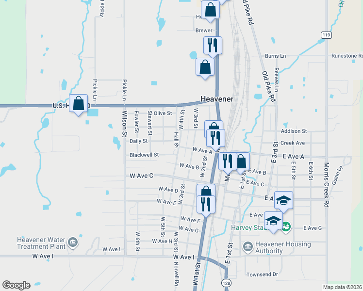 map of restaurants, bars, coffee shops, grocery stores, and more near 305 West 4th Street in Heavener