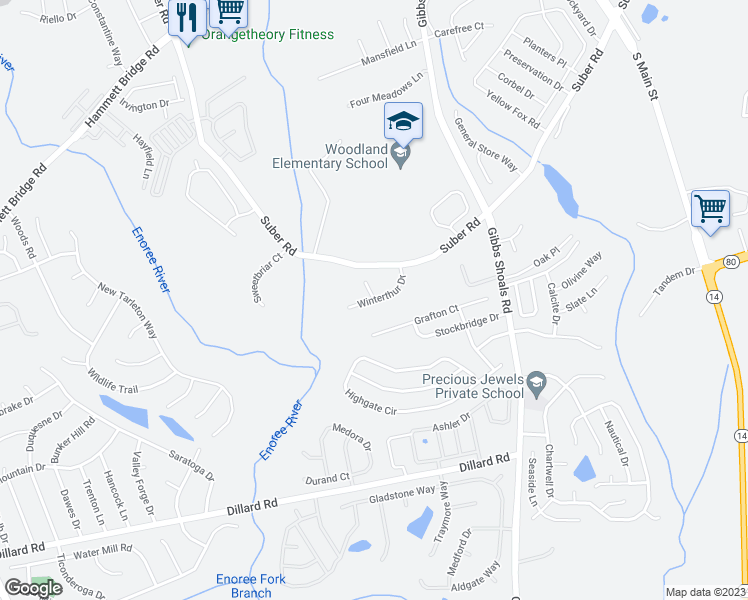 map of restaurants, bars, coffee shops, grocery stores, and more near Winterthur Drive in Greer