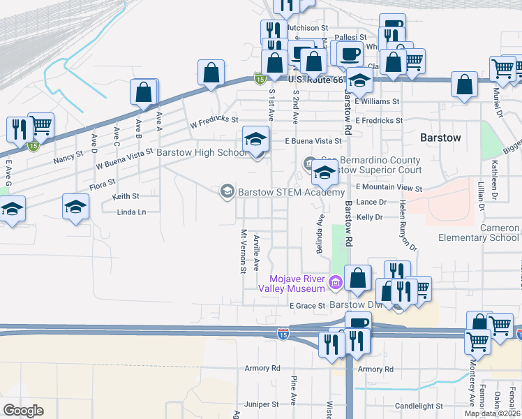map of restaurants, bars, coffee shops, grocery stores, and more near 513 Arville Avenue in Barstow