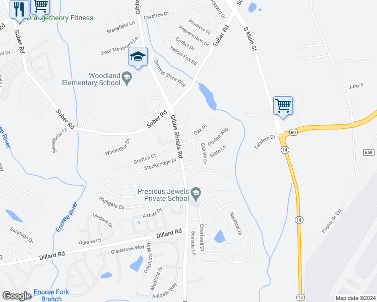 map of restaurants, bars, coffee shops, grocery stores, and more near 11 Roselite Circle in Greer