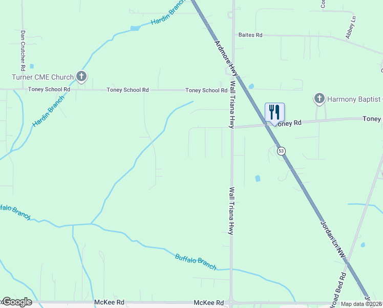map of restaurants, bars, coffee shops, grocery stores, and more near 215 Toney Acres Drive in Toney