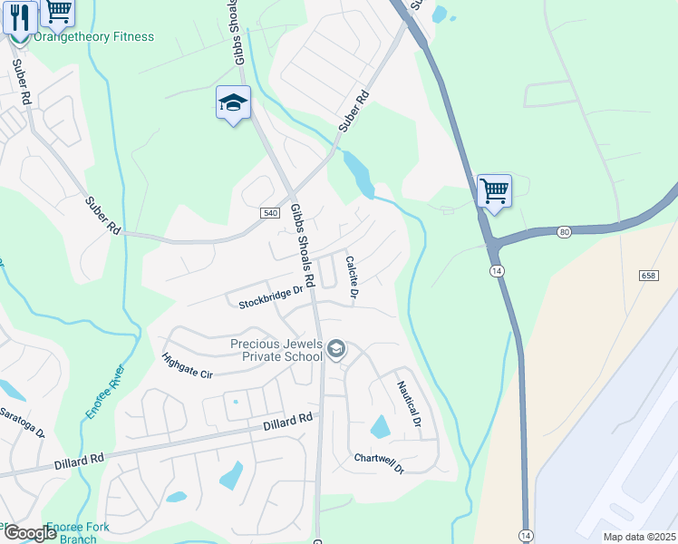 map of restaurants, bars, coffee shops, grocery stores, and more near 5 Calcite Drive in Greer