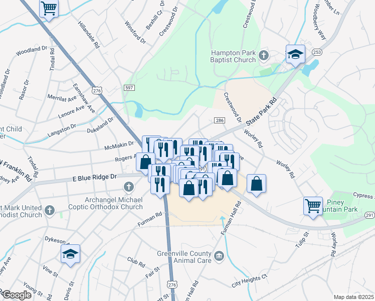 map of restaurants, bars, coffee shops, grocery stores, and more near 117 State Park Road in Greenville