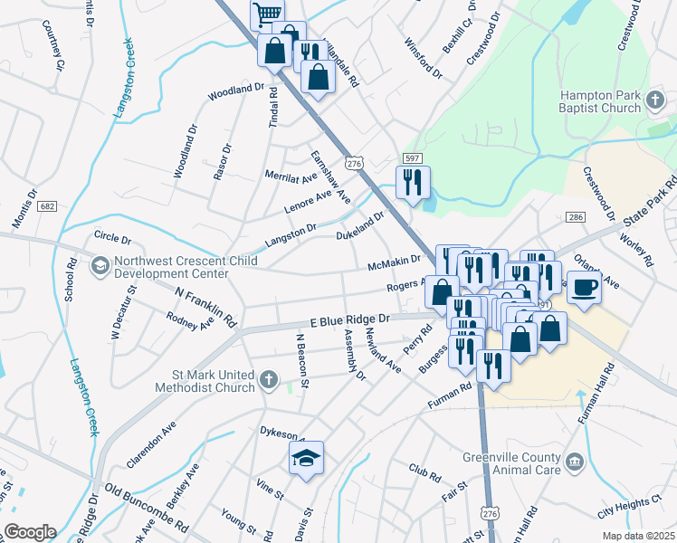 map of restaurants, bars, coffee shops, grocery stores, and more near 301 Rogers Avenue in Greenville