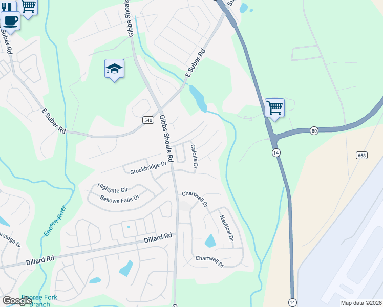 map of restaurants, bars, coffee shops, grocery stores, and more near 5 Calcite Drive in Greer