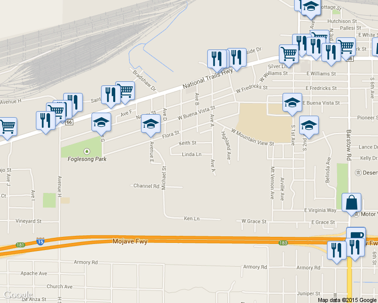 map of restaurants, bars, coffee shops, grocery stores, and more near 821 Linda Lane in Barstow
