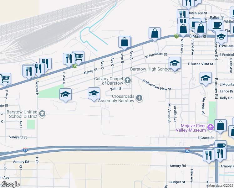 map of restaurants, bars, coffee shops, grocery stores, and more near 821 Linda Lane in Barstow